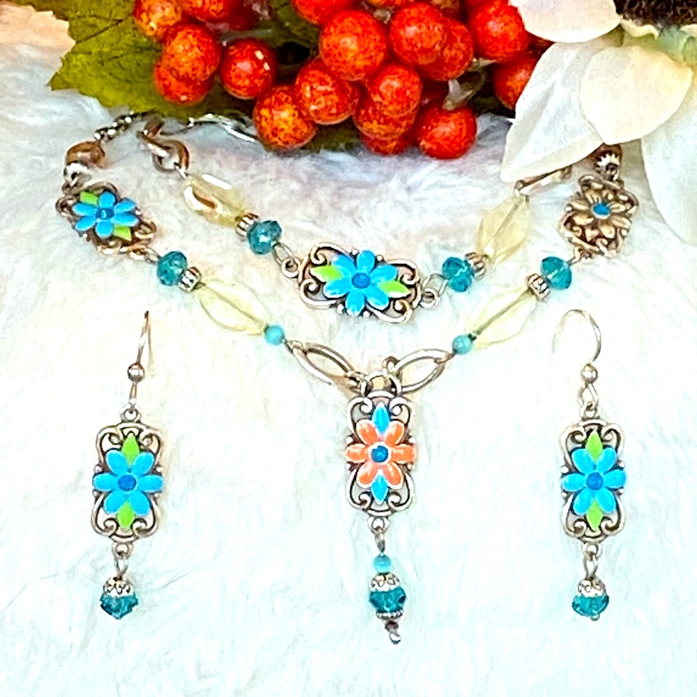 Brighton SUNJOY  Floral blue yellow crystal enamel Necklace Bracelet Earrings